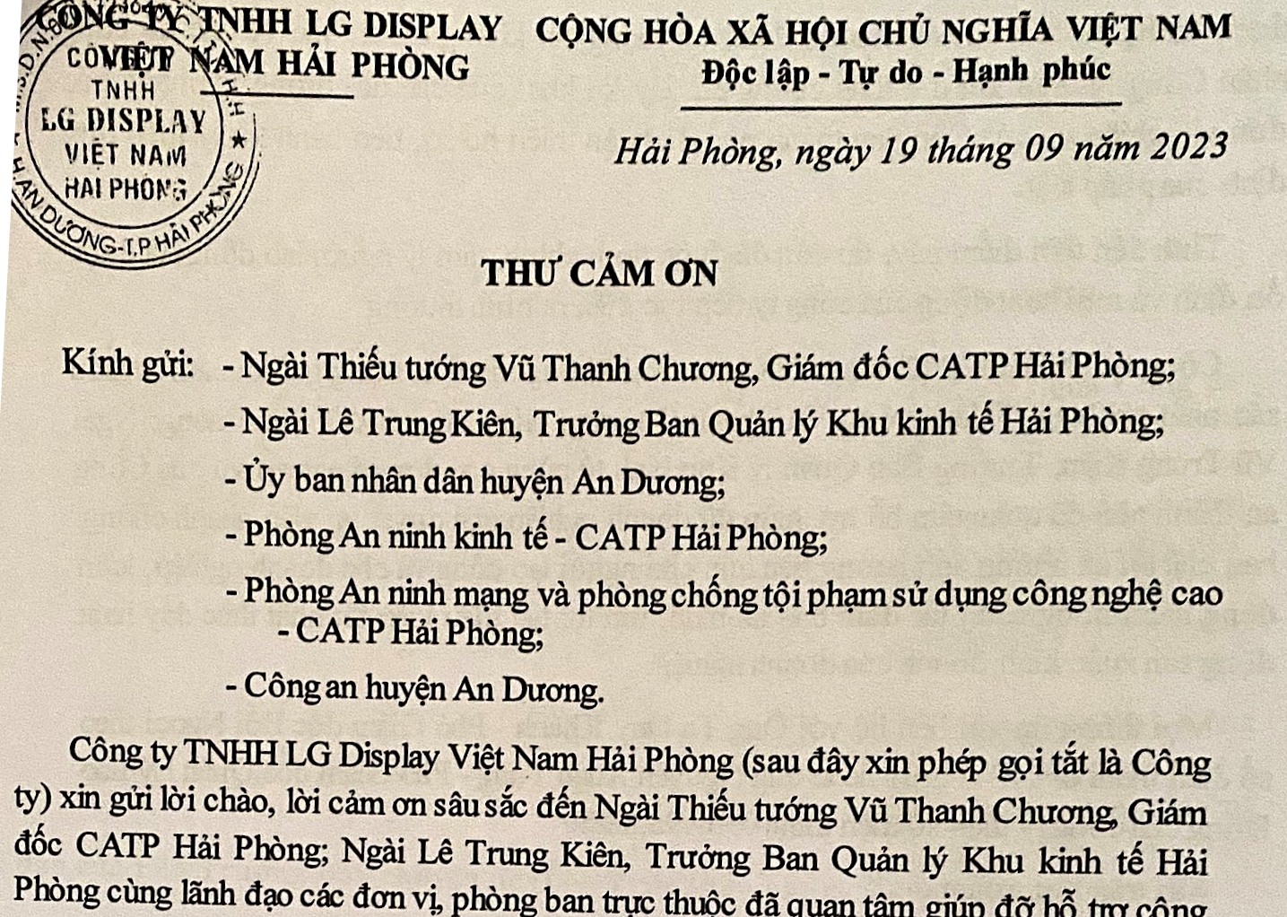 Thư cảm ơn gửi Thiếu tướng Vũ Thanh Chương, Giám đốc CATP Hải Phòng